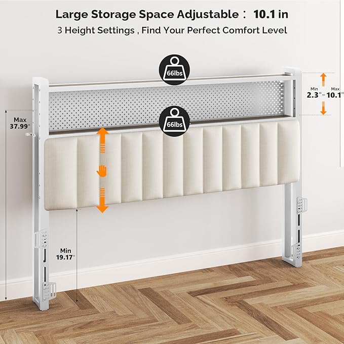 VINGLI Full Size Headboard Only, Adjustable Upholstered Headboard with 2 Tier Shelves and Pegboard with Charging Stations and LED Lights, Modern Bed Headboard with Storage for Bedroom Decor