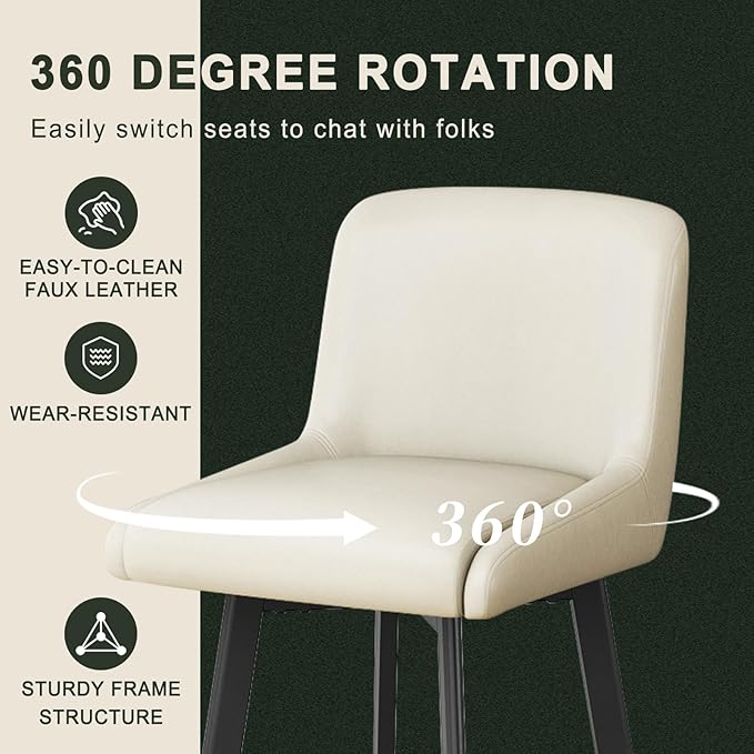 Swivel Bar Stools, 30''H Upholstered Barstools with Backs, Modern Counter Height Bar Stool Chairs for Kitchen Island, Metal Legs (Beige- Faux Leather, Set of 3-30" H)