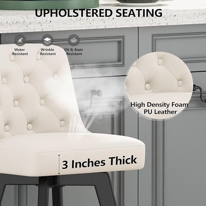 MINCETA Bar Stools Set of 2, PU Leather Barstools, 26 Inch Upholstered Counter Stools with Low Tufted Back and Footrest, Swivel Counter Height Barstools for Kitchen Island Home Bar White