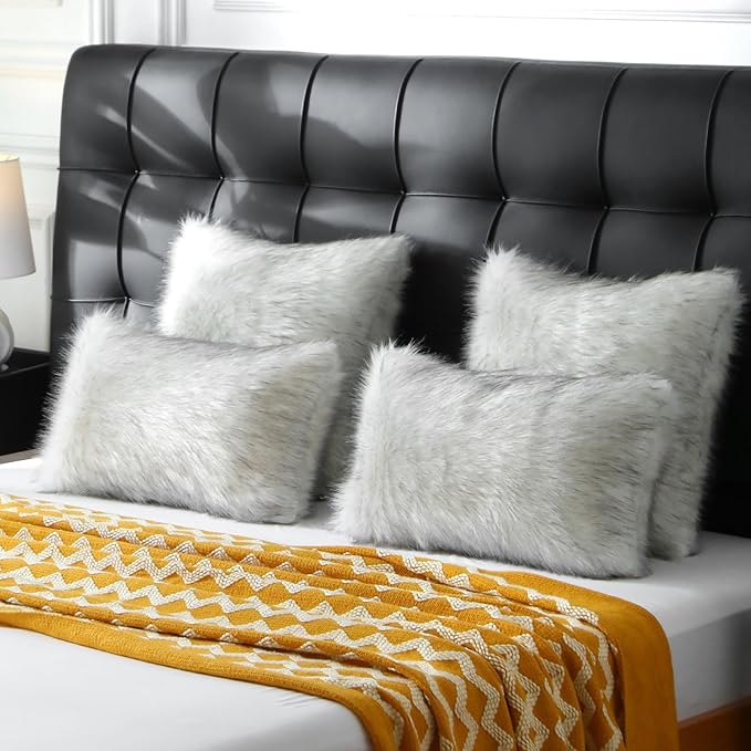 FUTEI Black White Decorative Throw Pillow Covers 12x20 Inch Set of 2,Soft Fluffy Faux Fox Fur Textured Lumbar Pillow Case,Modern Home Decor for Couch Living Room