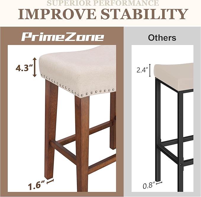 PrimeZone Counter Height Bar Stools Set of 8 - Backless Saddle Barstools with 4.3" Thick Upholstered, Nailhead Trim Linen Fabric & Solid Wood Legs, 26 Inch Counter Stools for Kitchen Island, Beige