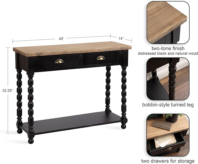 Kate and Laurel Rutledge Vintage Wooden Console Table with Shelf; 40 x 14 x 33; Hazelnut and Black; Traditional Wood Entryway Table with Drawers and Decorative Turned Legs for Entry Storage Options