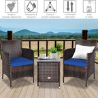 COSTWAY 3 PCS Patio Furniture Set, Outdoor Wicker Conversation Set with Tempered Glass Coffee Table, Seat Cushions, Rattan Wicker Chairs for Poolside Balcony Porch Backyard, Navy