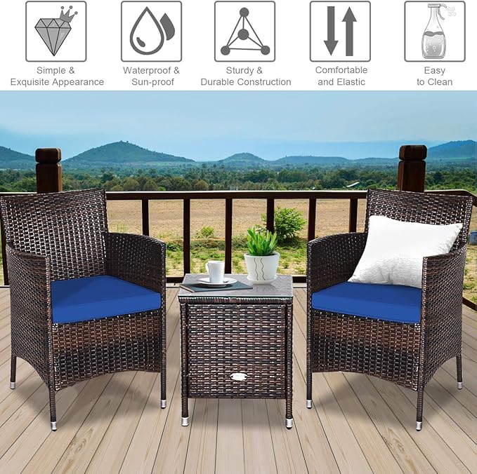COSTWAY 3 PCS Patio Furniture Set, Outdoor Wicker Conversation Set with Tempered Glass Coffee Table, Seat Cushions, Rattan Wicker Chairs for Poolside Balcony Porch Backyard, Navy