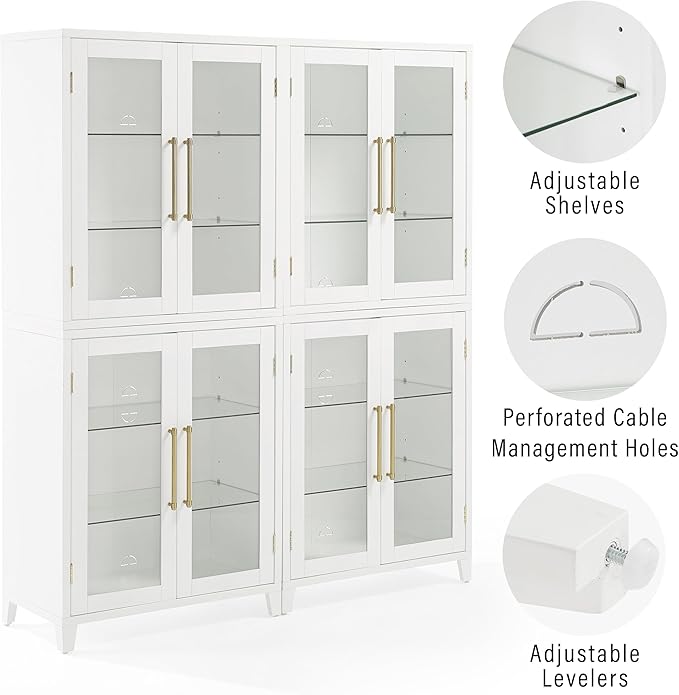 Crosley Furniture Roarke 2-Piece Glass Door Kitchen Pantry Storage Cabinet Set, Living Room, Entryway, White