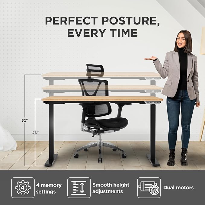 Uncaged Ergonomics Rise Up Electric Standing Desk Adjustable Height 24-49" Dual Motor One Piece 60x30 Bamboo Large Standing Table, Sit Stand Rising Desk Home Office