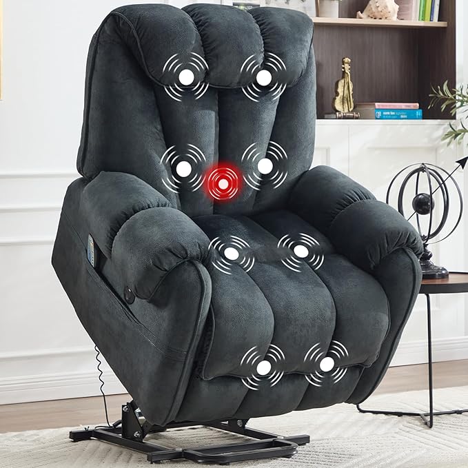 CANMOV Power Lift Recliner Chair for Elderly with Massage & Heat, Overstuffed Recliner Chairs for Adults, Electric Recliners with Type-C & USB Port, Side Pockets, for Living Room, Grey