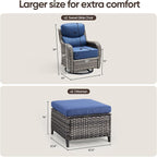 Swivel Patio Chairs Sofa Set of 4 with 6" Thick Cushion - Wicker Outdoor Swivel Rocker Patio Chair with Side Table, High Back Comfortable Outdoor Glider Chairs - Grey Wicker | Blue Cushions