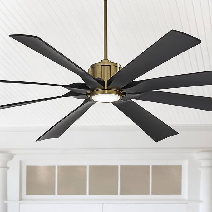 Possini Euro Design 70" Defender Modern Outdoor Ceiling Fan with LED Light Remote Control Soft Brass Matte Black Damp Rated for Patio Exterior House Home Porch Gazebo Garage Barn