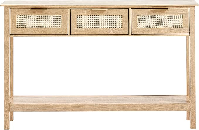 VEVOR Rattan Console Table, Entryway Table with 3 Storage Drawers, Hallway Table with Natural Rattan Sliding Door, Console Sofa Table for Living Room, Study, Entryway Or TV Wall, Natural