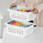 Sterilite 16608008 Small Stacking Basket with Vertical Stacking Functionality and Titanium Accents for Organization in Home or Office, White (16 Pack)