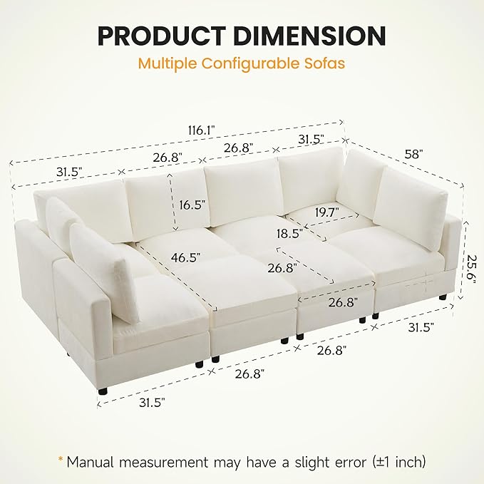 Modular Sectional Cloud Sofa Bed, 8-Seater Convertible Sofa Couch with Ottoman, Modern Deep Seat Sleeper Sofa for Living Room, Chenille Beige