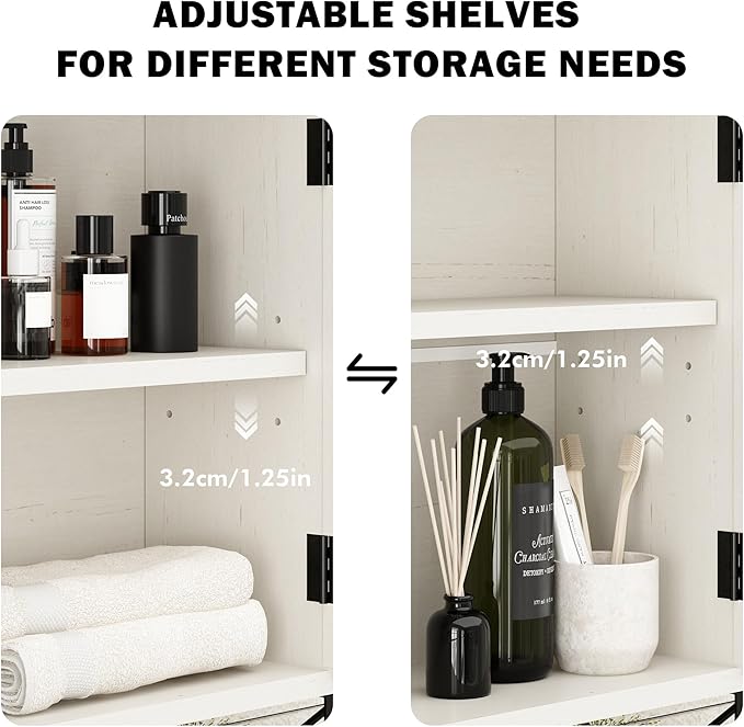RUSTOWN Rattan Bathroom Wall Cabinet, Boho Over The Toilet Storage Cabinet with Arched Rattan Doors, Modern Medicine Cabinet with Adjustable Shelves & Towel Bar (Vintage White, Medium)
