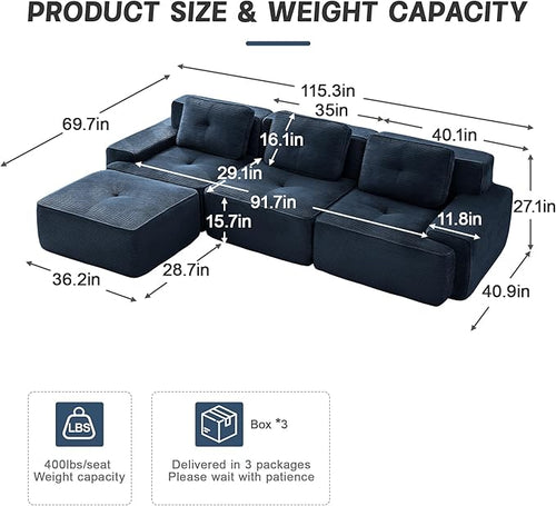 115.3” Blue Boneless Couches for Living Room, Modular Sectional Sofa with L-Shape Chaise, 3 Seater Comfy Upholstered Deep Seat Corduroy Fabric Cloud Couch No Assembly, Anti-Slip Design