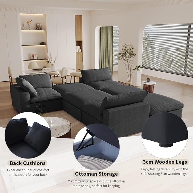 Cloud Couch Modular Sectional Sofa with Storage Ottoman,160.6" L Shaped Couch for Living Room,Down Filled 5 Seater Black Convertible Sectional Sofas,Covers Washable&Replaceable
