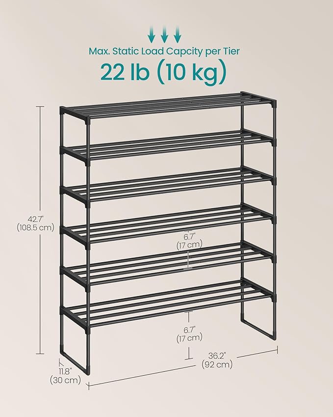 SONGMICS Shoe Rack, 6-Tier Shoe Organizer, Metal Storage Shelf, Upright or Upside Down, for 24-30 Pairs, Stackable, for Entryway, 11.8 x 36.2 x 42.7 Inches, Black ULSA306BH01