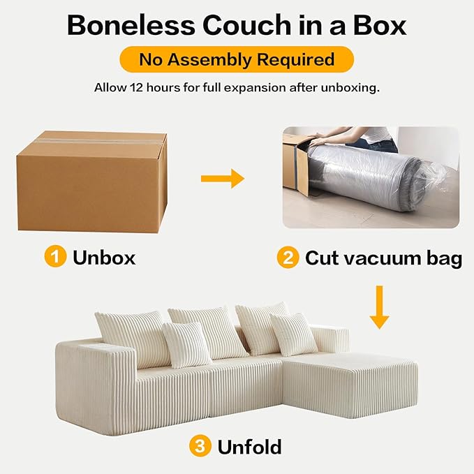 100.7" Boneless Couches for Living Room, Fully Memory Foam Sofa with Deep Seat, L Shape Sectional Couch Corduroy Fabric, Compressed Sofa in a Box,No Assembly Required (Beige, Right Facing Chaise)