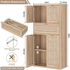 LEYAOYAO 48" Tall Storage Cabinet Set of 2,Rattan Bathroom Floor Cabinets with 4 Doors & 1Drawer,Boho Kitchen Pantry with Adjustable Shelves,Wooden Cupboard for Living Room,Home Office,Natural Wood