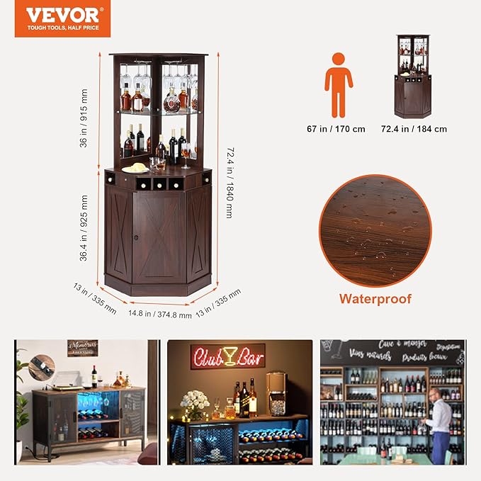 VEVOR Corner Industrial Bar Cabinet, Wine Table for Liquor & Glasses, Sideboard Buffet Cabinet with Glass Holder, Freestanding Farmhouse Wood Coffee Bar Cabinet for Living Room, Home Bar, Black Walnut