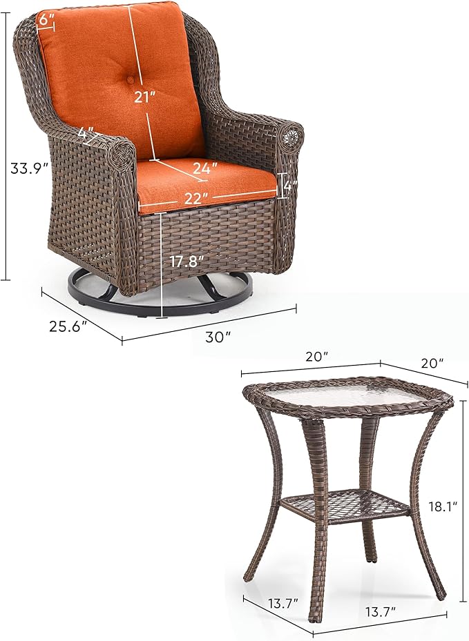 3 Piece Patio Swivel Chairs and Side Table Set - High Back Outdoor Brown Wicker Rattan Rocking Glider with Thick Cushions for Porch Apartment Deck Yard Poolside Garden - Orange