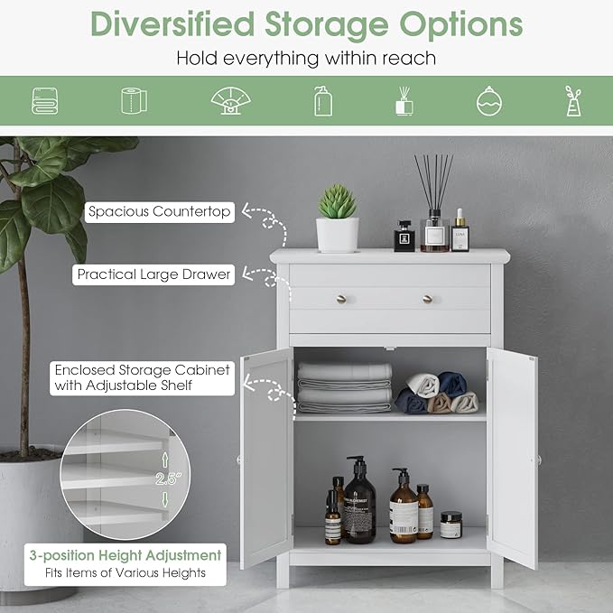 LOKO Bathroom Floor Cabinet, Kitchen Storage Cabinet with 1 Drawer, 2 Doors & 3-Position Adjustable Shelf, 2-Door Floor Storage Cabinet for Bathroom, Living Room, Entryway (White)