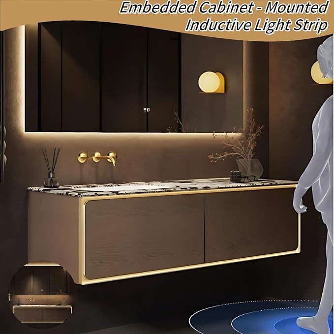 72IN Bathroom Vanity Set with a Single Sink - Embedded Sensor Light Strip & Large Capacity Floating Cabinet | Modern Bathroom Vanities with Defogging Mirror Surface & LED Lighting (Mirror)