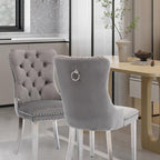 Velvet Upholstered Dining Chairs Set of 2, Modern Style Kitchen Side Chairs with Nailhead Trim and Silver Plated Leg, Metal Pulling Ring for Dining Room Living Room(Gery-Silver Plated Leg)