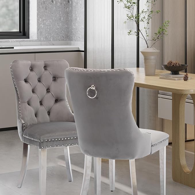 Velvet Upholstered Dining Chairs Set of 2, Modern Style Kitchen Side Chairs with Nailhead Trim and Silver Plated Leg, Metal Pulling Ring for Dining Room Living Room(Gery-Silver Plated Leg)