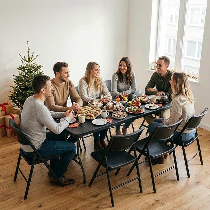 Folding Table 6FT HDPE 6 Foot Foldable Table Portable Banquet Surface Fold-in-Half Desk Utility for Working Meeting Parties, Picnic, Camping, Weddings, Catering, Garden Dining-Black