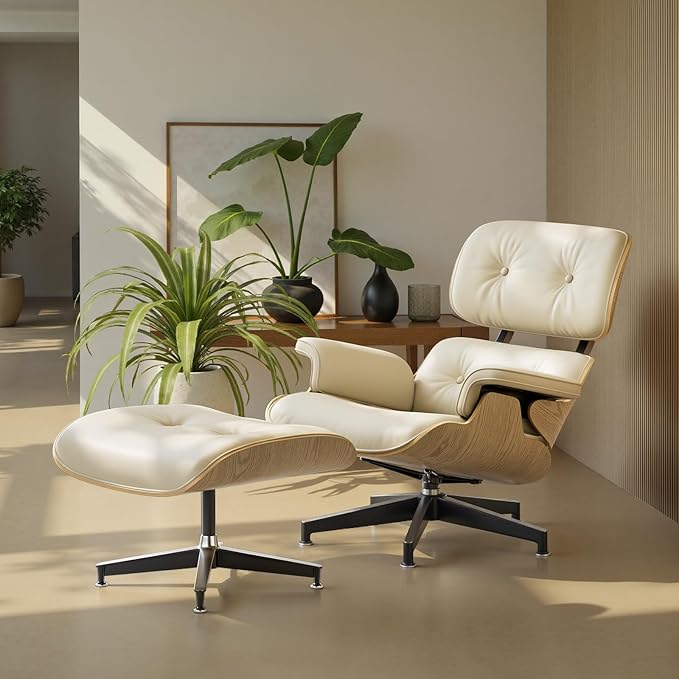 Top Cream White Grain Leather, Mid Century Chaise Lounge Chair and Ottoman, Modern Chair Classic Design, Ash Wood, Heavy Duty Base Support for Living Room Office