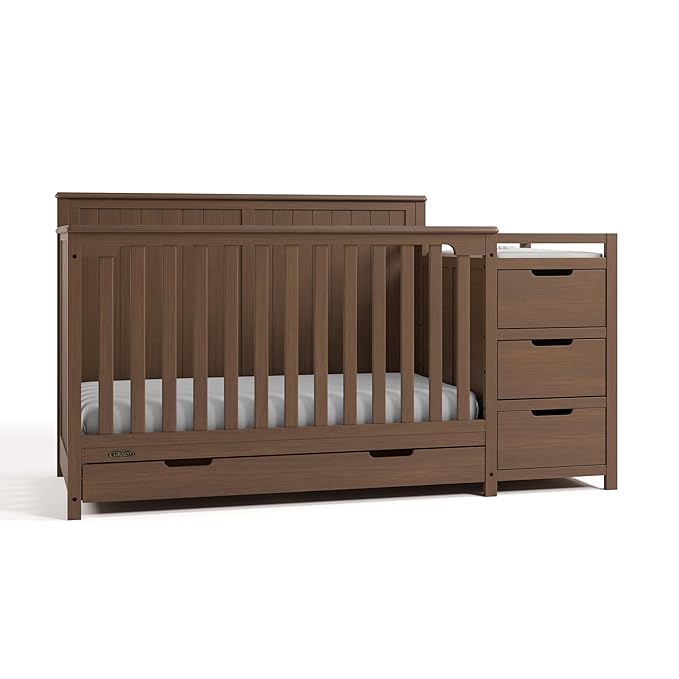 Graco Hadley 5-in-1 Convertible Crib & Changer (Hazelnut) – GREENGUARD Gold Certified, Fits Standard Crib Mattress, Converts to Toddler Bed and Full Bed, 4 Adjustable Mattress Heights