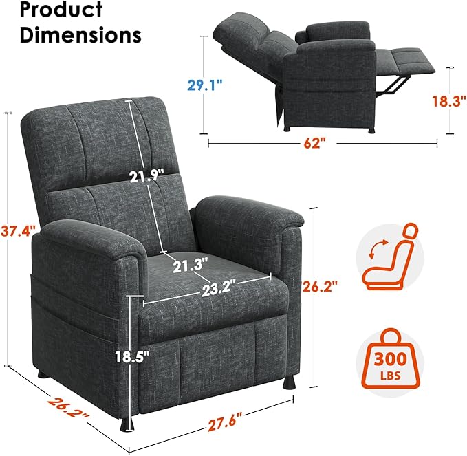 Amada Small Power Recliner Chair for Adults, Chenille Electric Reclining Chair for Small Spaces with Remote & Side Pockets, Thick Seat Cushion for Home Theater, RV, Living Room & Bedroom (Dark Grey)