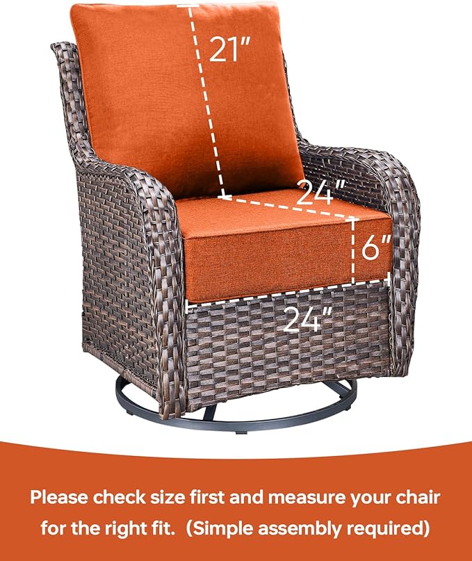Luxury 24x24x6 Inch Outdoor Deep Seat Cushions Set of 6 - Comfortable Patio Zipper Chair Cushion for Outside Sets Wicker Dining Rocking Swivel Chairs Loveseat Couch Sectional Sofa - Orange
