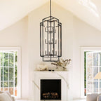 High Ceiling Entryway Chandelier: 12-Light Farmhouse Lantern Chandelier, Industrial Large Pendant Light Fixtures, Foyer Chandeliers for High Ceilings, for Entry, Staircase, Hallway (Black & Silver)