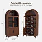 71" Tall Arched Cabinet with Glass Doors, Fluted Pantry Cabinet with Solid Wood Legs, Modern Accent Furniture for Living Room, Kitchen, Dining Room, Entryway, Walnut