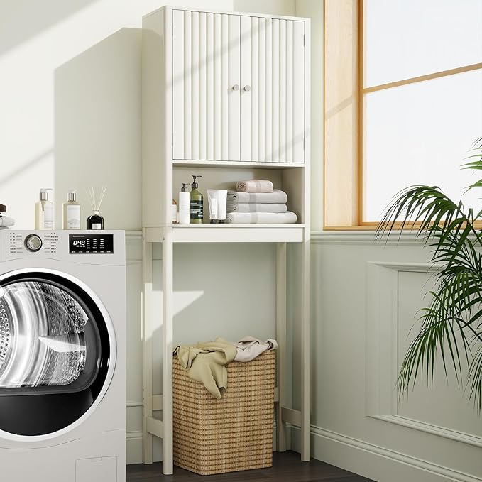 Tangkula Over The Toilet Storage Cabinet, Bathroom Space Saver with Fluted Doors Adjustable Shelf & Bottom Bar, Freestanding Above Toilet Storage Cabinet Organizer for Laundry, Restroom (Cream White)