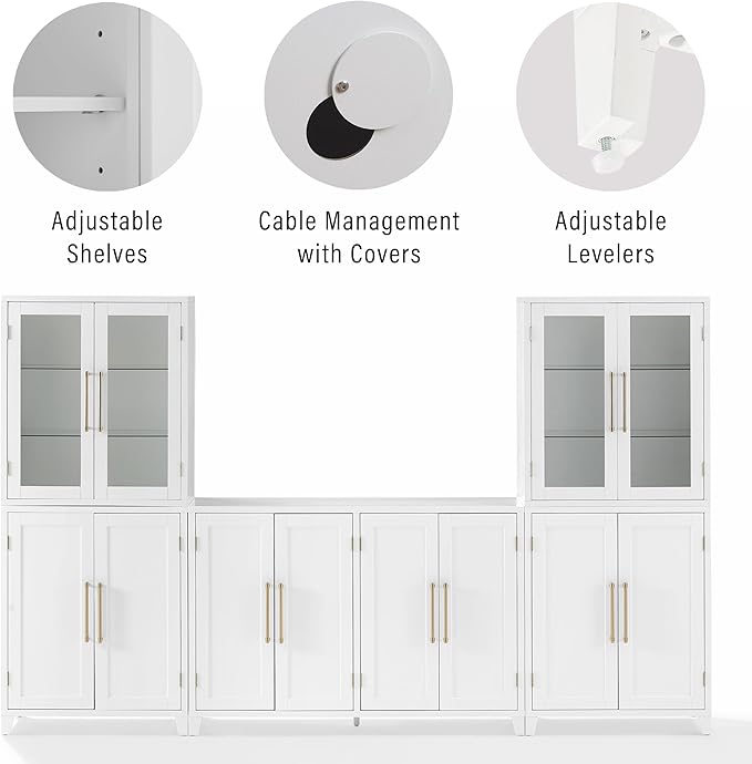 Crosley Furniture Roarke 3-Piece Modern Glass Door Sideboard Buffet Cabinet and Kitchen Storage Pantry Set, White