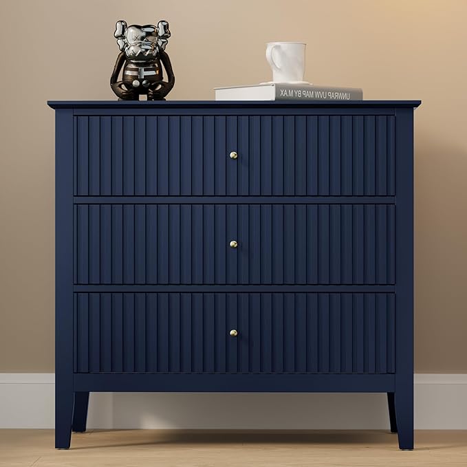 RoyalCraft 32" Large Nightstand Set of 2, Fluted Painted Wood Dresser with 3 Spacious Drawers, Blue Modern Bedside Table for Bedroom
