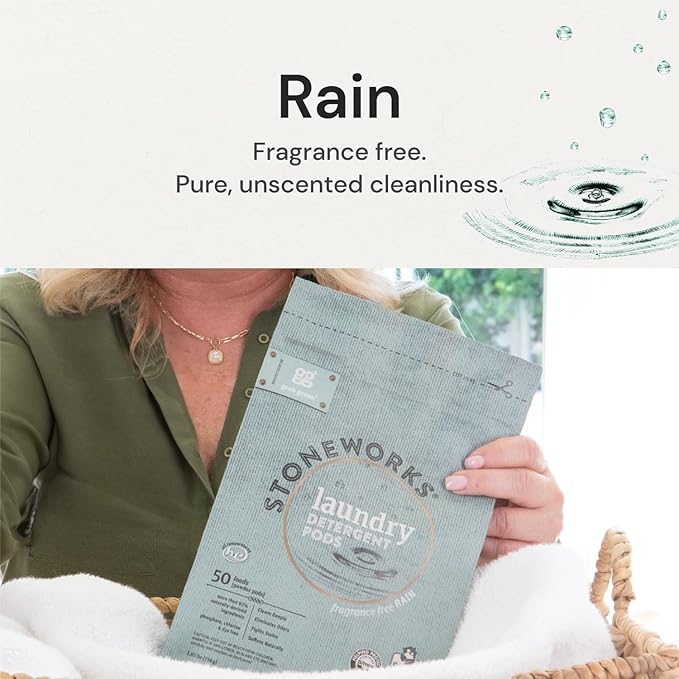 Grab Green Stoneworks Laundry Detergent Pods, 100 Count, Fragrance Free Rain Scent, Plant and Mineral Based, Cleans Deeply, Eliminates Odors, Fights Stains