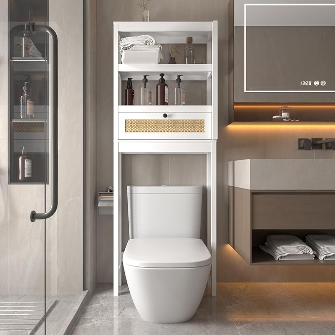 Over The Toilet Storage Cabinet, 3-Tier Bathroom Organizer with Rattan Door, Wooden Space Saver for Restroom, Bathroom, Laundry