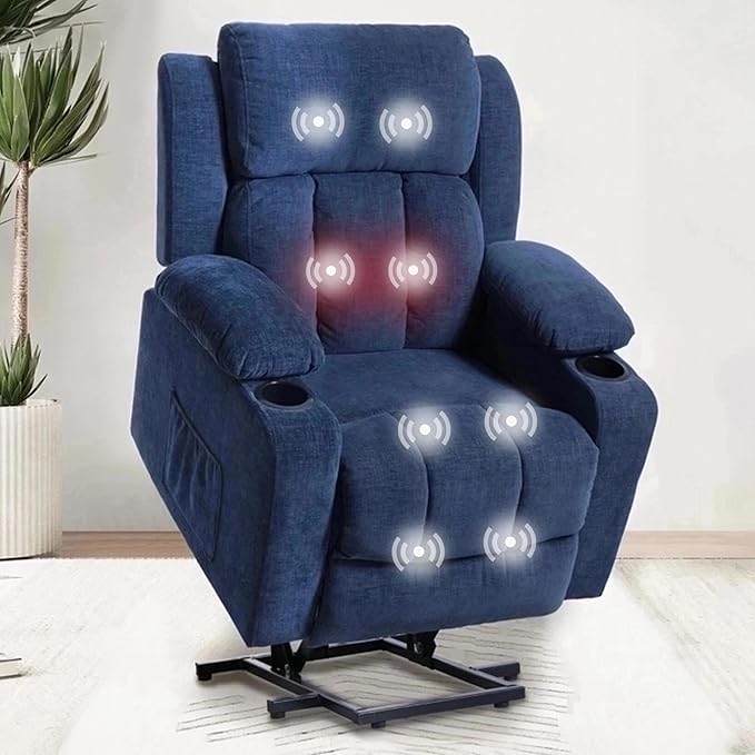 FLEXISPOT XL31 Power Lift Recliner Chair for Elderly, Electric Lift Chair with Massage & Heat, Corduroy Reclining Sofa w/Cup Holders, Side Pockets for Living Room Bedroom(Medium Size,Royal Blue)