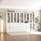 VOWNER Bookcase with Glass Doors & Drawers, 5 Tier Bookshelf with Adjustable Shelf, Modern Large Storage Display Cabinet Set for Home Office, Living Room, White (CDDC)