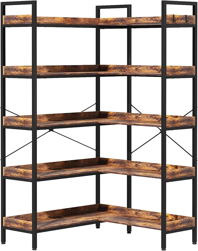 KOUSEI Bookshelf 5-Tier, L-Shaped Reversible Corner Bookshelf, 65" Industrial Wide Open Bookcase with Metal Frame and 4 Hooks for Living Room, Bedroom, Home Office, Rustic Brown
