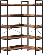 KOUSEI Bookshelf 5-Tier, L-Shaped Reversible Corner Bookshelf, 65" Industrial Wide Open Bookcase with Metal Frame and 4 Hooks for Living Room, Bedroom, Home Office, Rustic Brown
