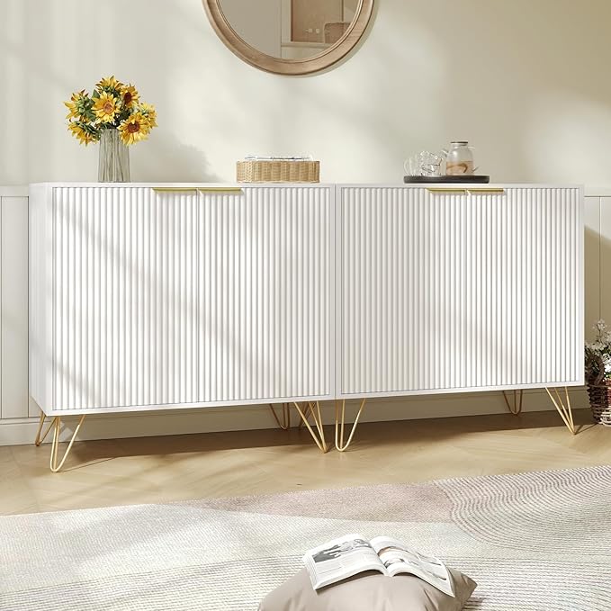 Fluted Storage Cabinet, Set of 3, Sideboard Buffet Cabinet, Modern Wood Accent Table with Adjustable Shelves, Console Table for Living Room, Hallway, Entryway, White