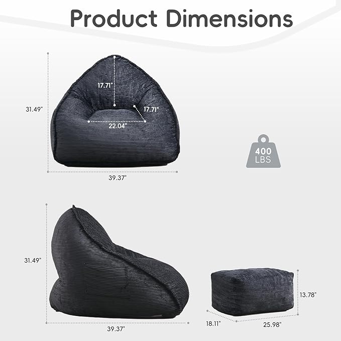 Cloud Bean Bag Chair with Ottoman for Adults, Comfy Corduroy Chaise Lounge Chair with High-Resilience Foam, Oversized Boneless Reading Chair for Bedroom & Living Room Black