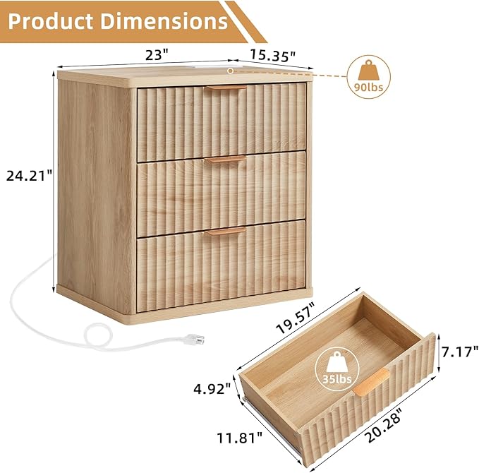 LEYAOYAO 23" Wide Fluted Farmhouse Night Stand Set of 2 with Charging Station, 3 Drawers Large End Table w/Metal Handle, Natural Nightstand Bedside Table,Wood Dresser for Bedroom, Closet
