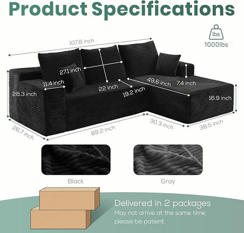 107" Boneless Couches for Living Room, Modular Cloud Sectional Couches L Shaped Sofa with Oversized Chaise Comfy Corduroy Home Sofa (Black, Right Facing Chaise)