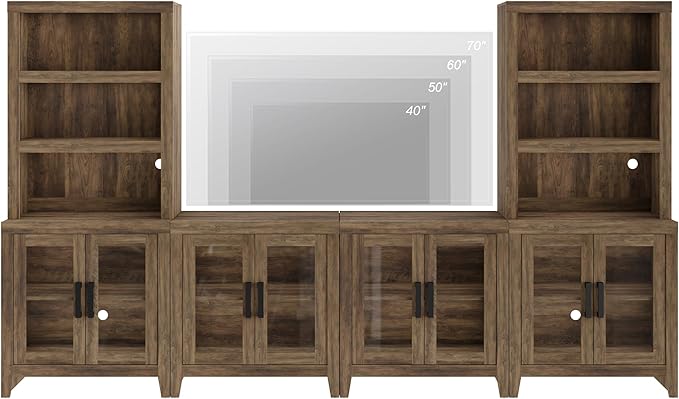 WAMPAT Farmhouse Entertainment Center with Bookshelves, 4-Piece Modular TV Stand with Storage Towers, Glass Doors, Open Shelves, Media Console for Living Room, Home Theater, Brown