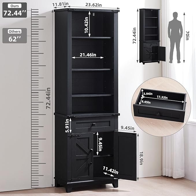 72in Tall Bookshelf 7 Tier Bookcase with Drawer and Barn Doors and Adjustable Shelves, Black Farmhouse Book Shelf with Storage Cabinet, Wood Freestanding Display Bookshelves for Kitchen (2PCS)